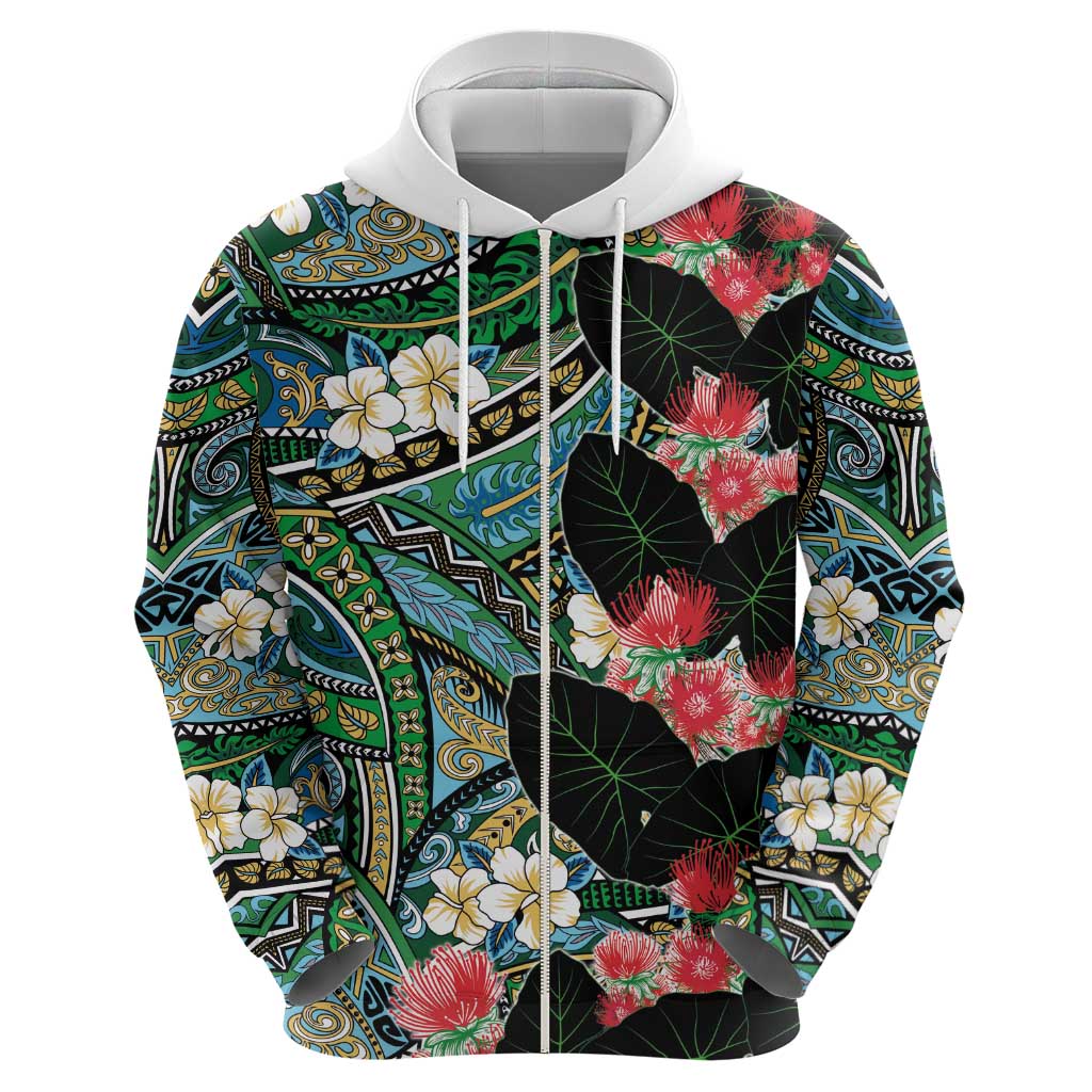 Hawaiian Taro Leaves and Ohia Lehua Zip Hoodie Polynesian Tribal Art Tropical Plants Motifs Colorful