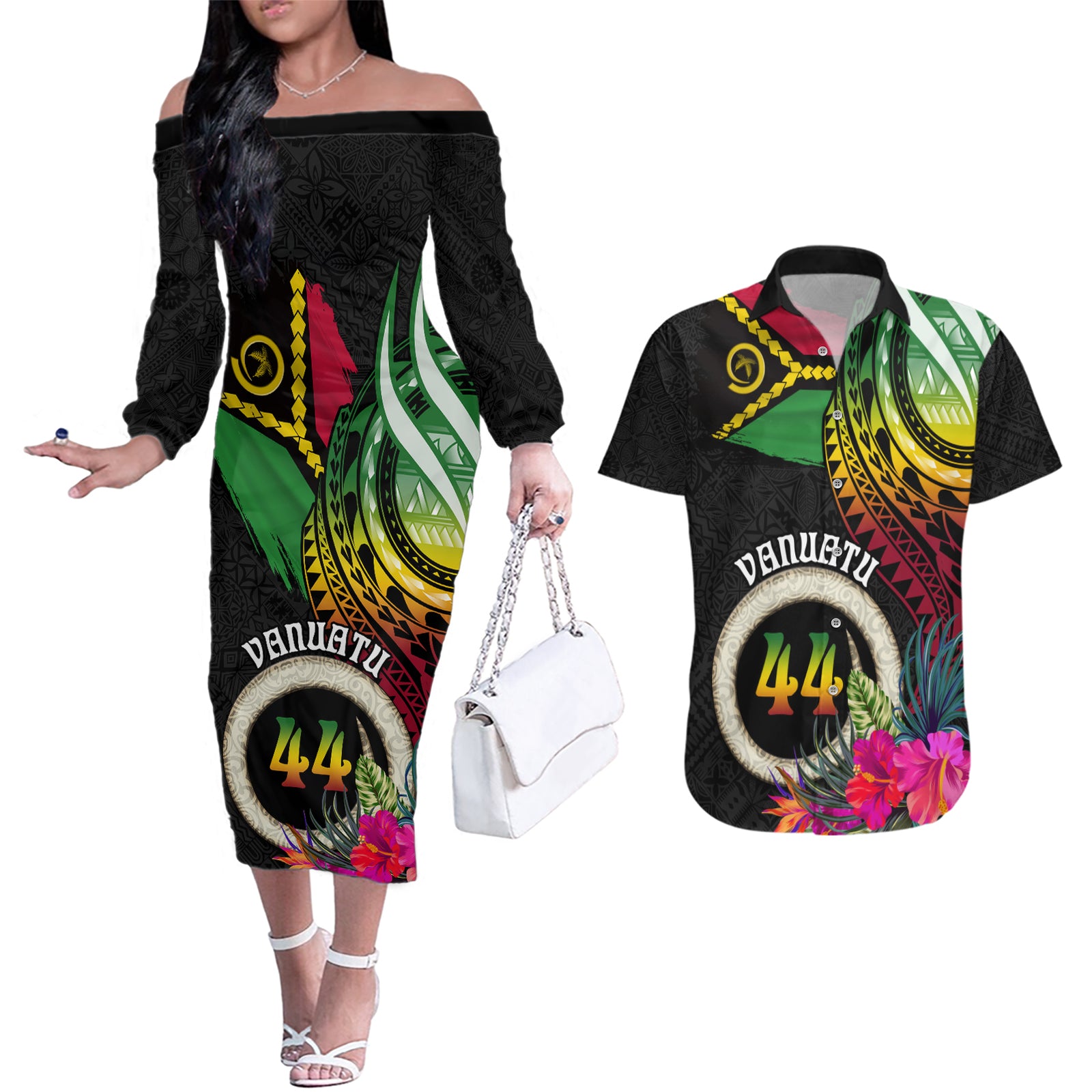 Vanuatu 44th Anniversary Couples Matching Off The Shoulder Long Sleeve Dress and Hawaiian Shirt Boars Tusk Tugeta Yumi Selebretem Indipendens Dei