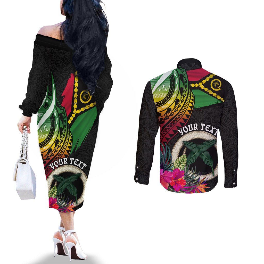 Vanuatu 44th Anniversary Couples Matching Off The Shoulder Long Sleeve Dress and Long Sleeve Button Shirt Boars Tusk Tugeta Yumi Selebretem Indipendens Dei