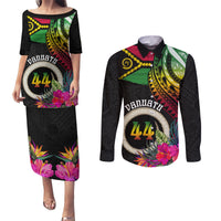 Vanuatu 44th Anniversary Couples Matching Puletasi and Long Sleeve Button Shirt Boars Tusk Tugeta Yumi Selebretem Indipendens Dei
