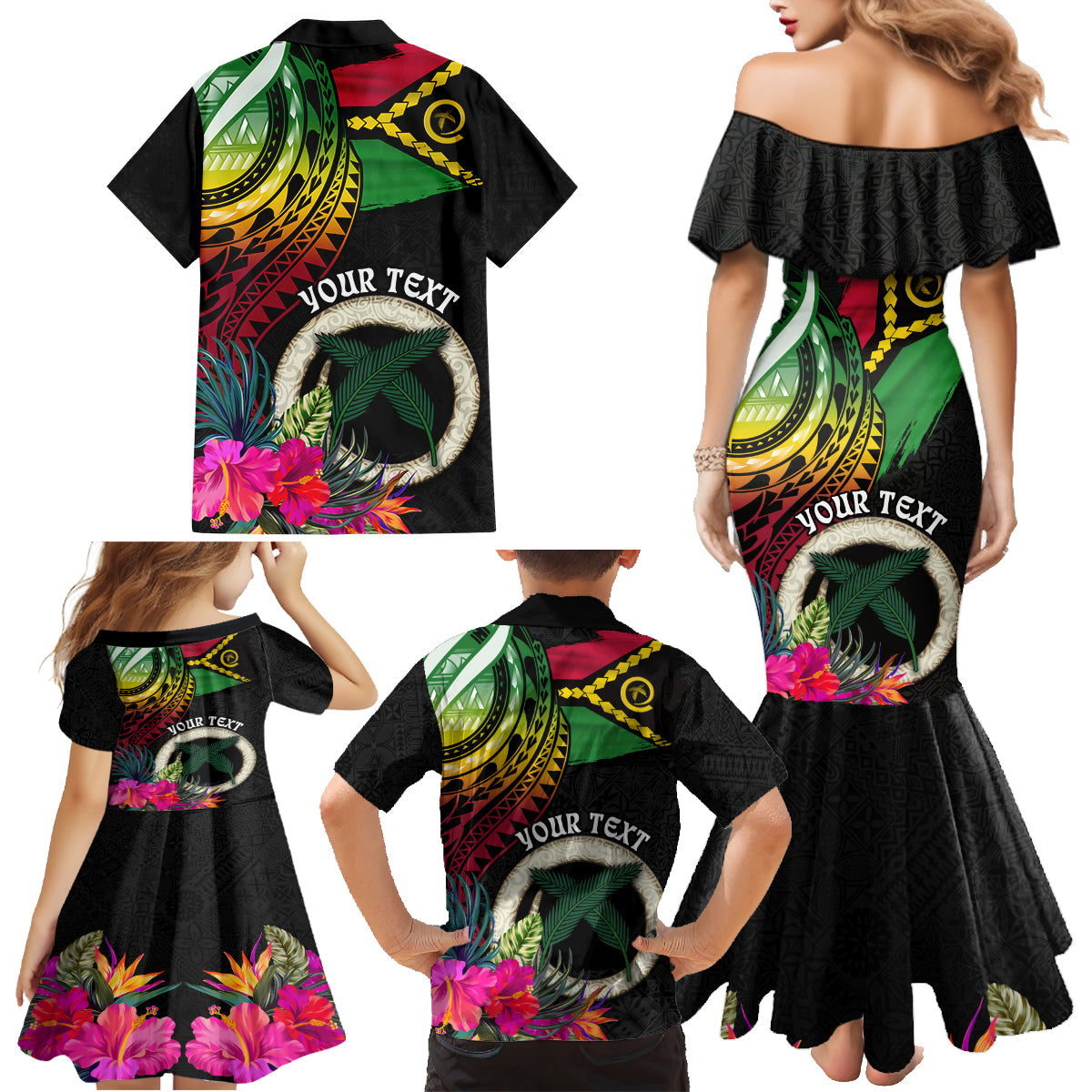 Vanuatu 44th Anniversary Family Matching Mermaid Dress and Hawaiian Shirt Boars Tusk Tugeta Yumi Selebretem Indipendens Dei