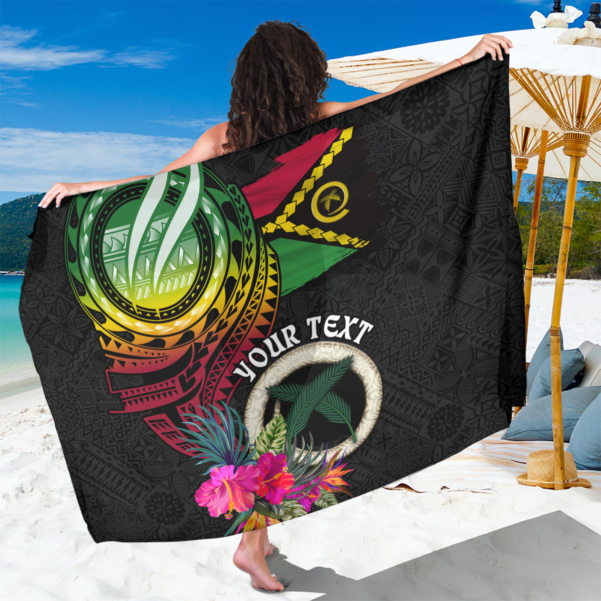Personalised Vanuatu 44th Anniversary Sarong Boars Tusk Tugeta Yumi Selebretem Indipendens Dei LT03 One Size 44 x 66 inches Black - Polynesian Pride