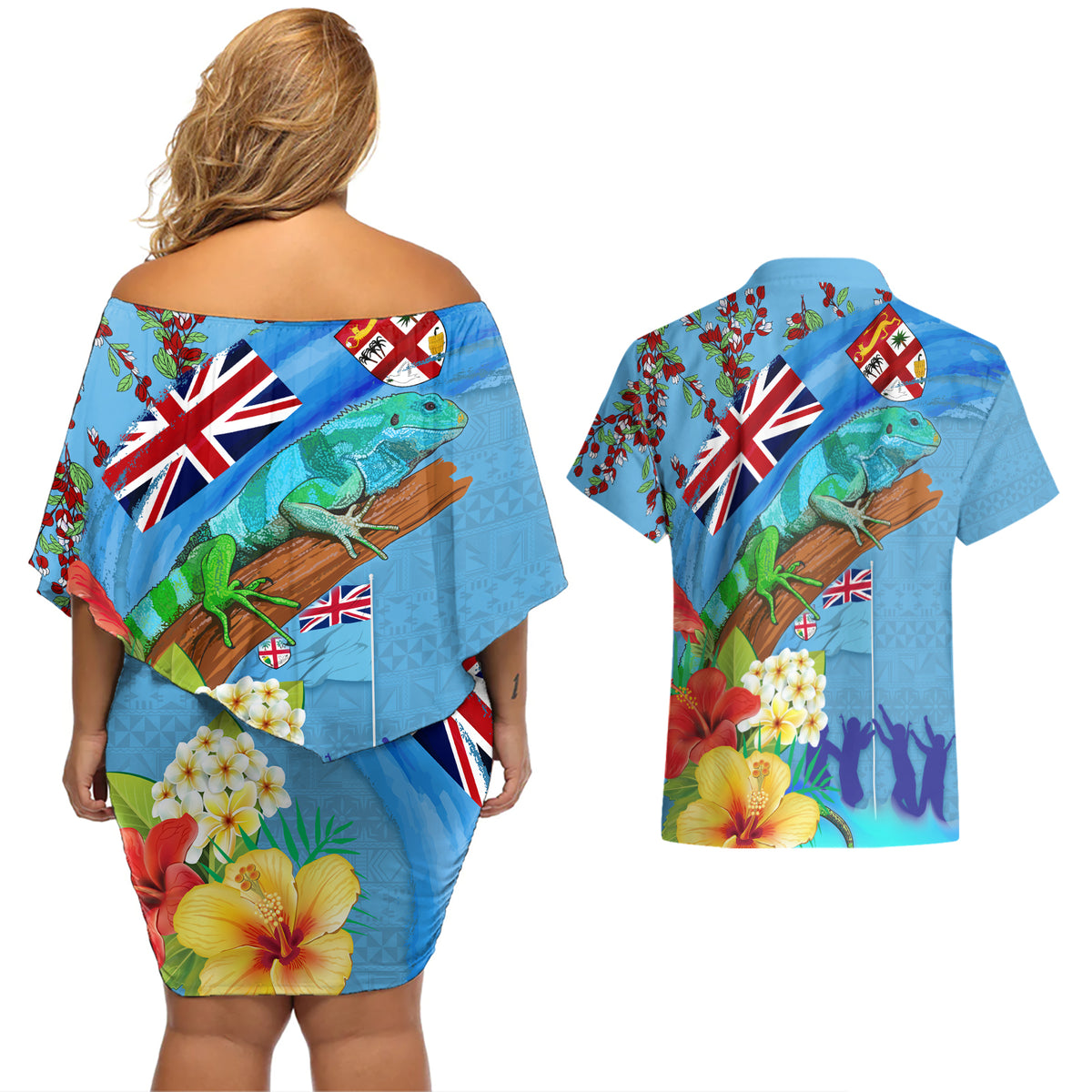 Fiji Day Couples Matching Off Shoulder Short Dress and Hawaiian Shirt Tagimoucia Flower and Melanesia Pattern