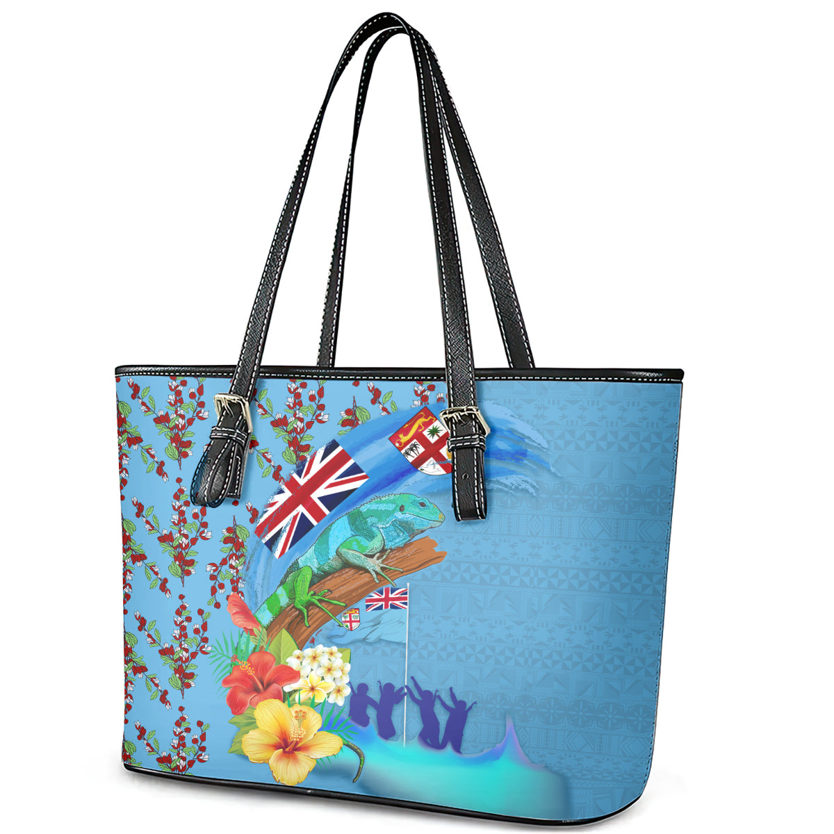 Fiji Day Leather Tote Bag Tagimoucia Flower and Melanesia Pattern