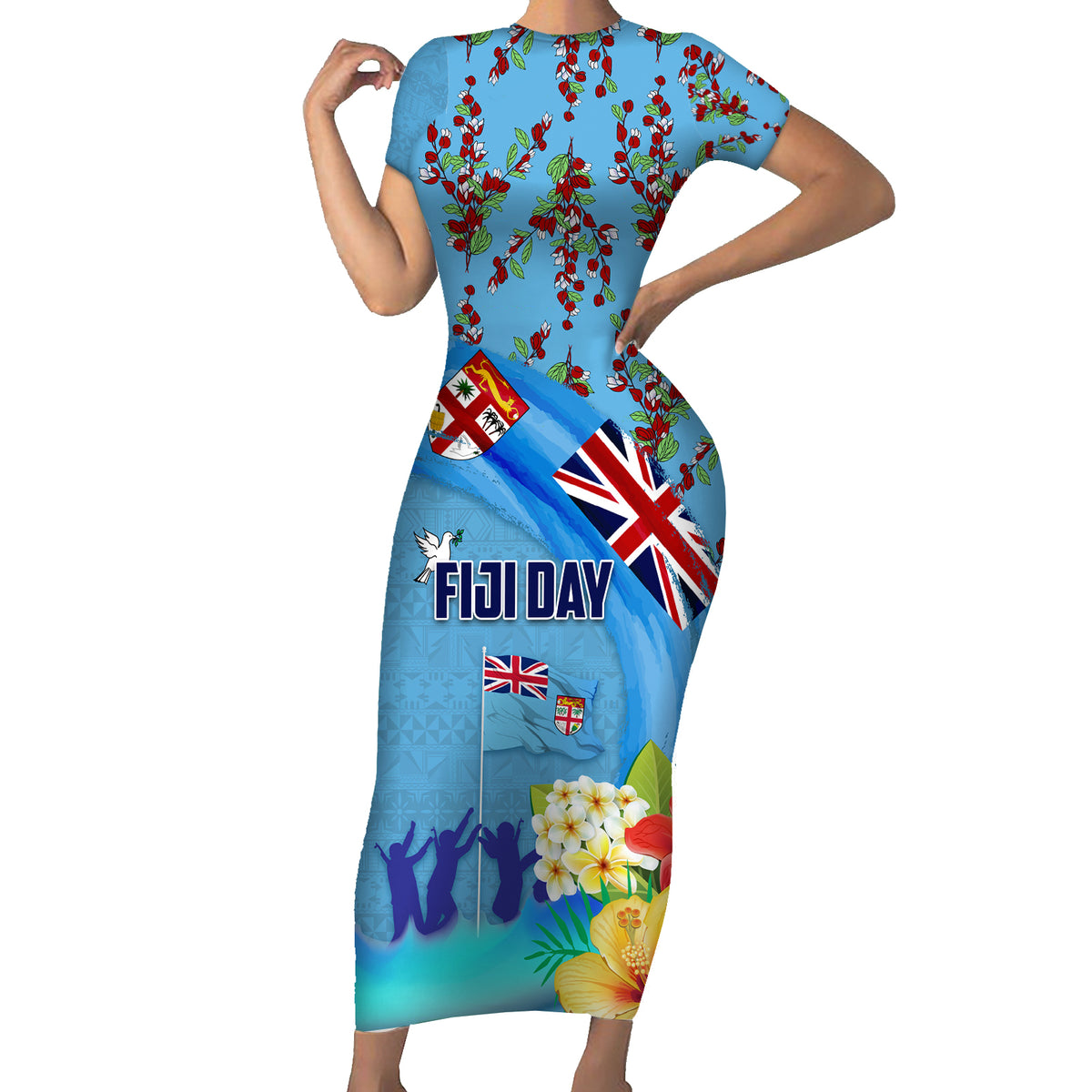Fiji Day Short Sleeve Bodycon Dress Tagimoucia Flower and Melanesia Pattern LT03 Long Dress Blue - Polynesian Pride