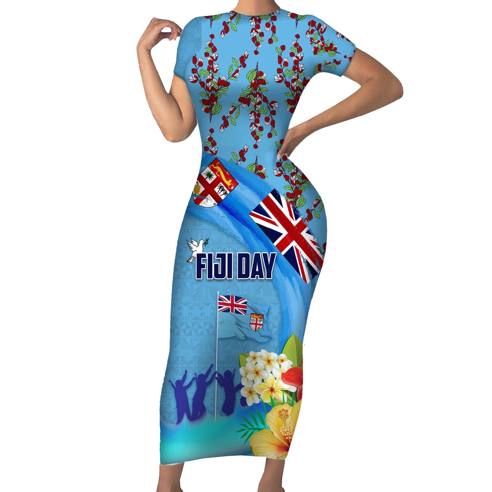 Fiji Day Short Sleeve Bodycon Dress Tagimoucia Flower and Melanesia Pattern