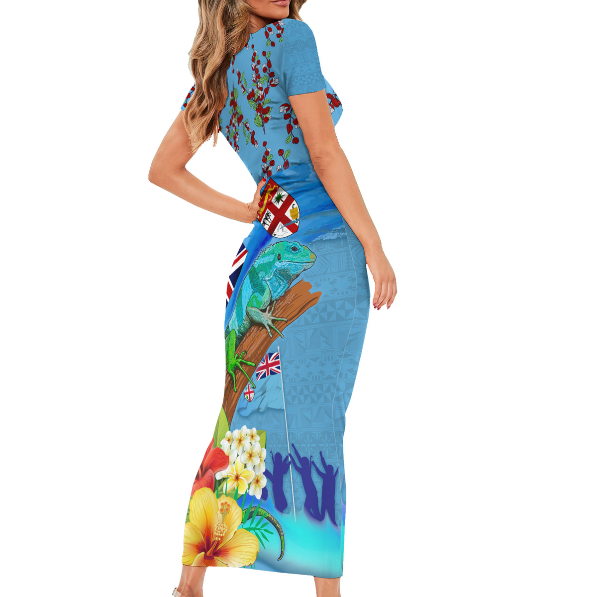 Fiji Day Short Sleeve Bodycon Dress Tagimoucia Flower and Melanesia Pattern LT03 - Polynesian Pride
