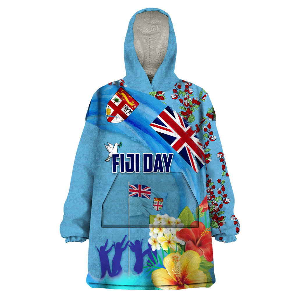 Fiji Day Wearable Blanket Hoodie Tagimoucia Flower and Melanesia Pattern LT03 One Size Blue - Polynesian Pride