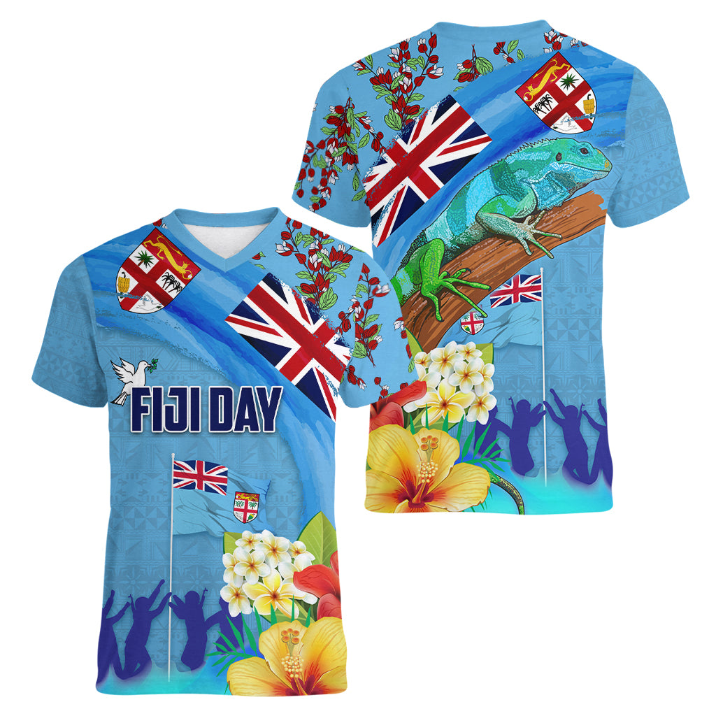 Fiji Day Women V-Neck T-Shirt Tagimoucia Flower and Melanesia Pattern