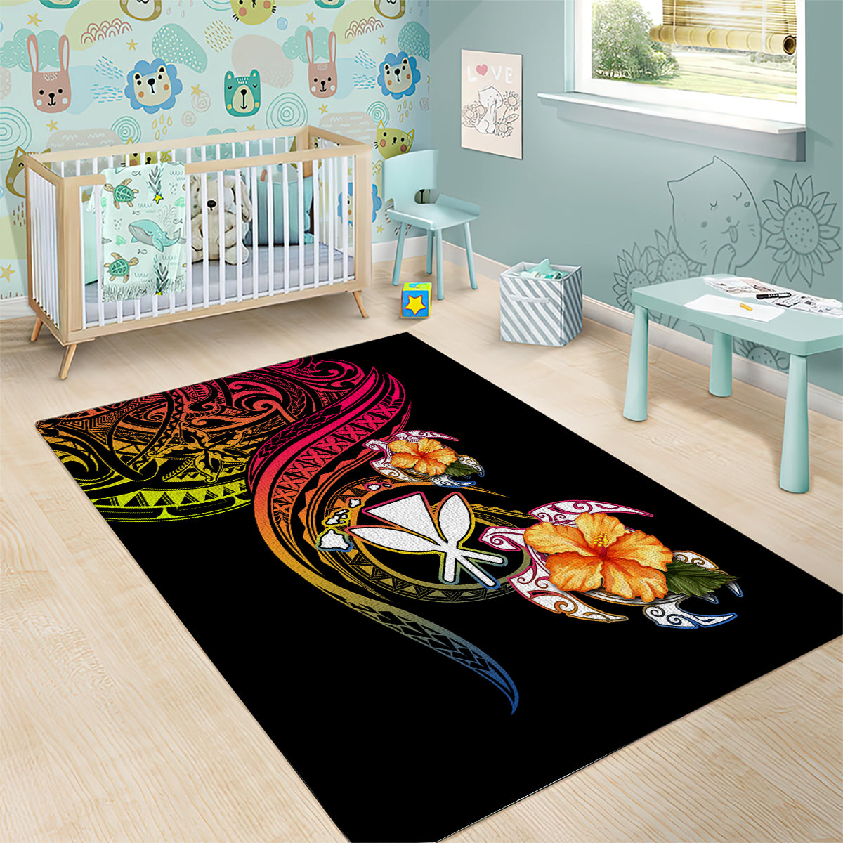 Polynesia Hawaii Turtle Day Area Rug Hibiscus and Kanaka Maoli
