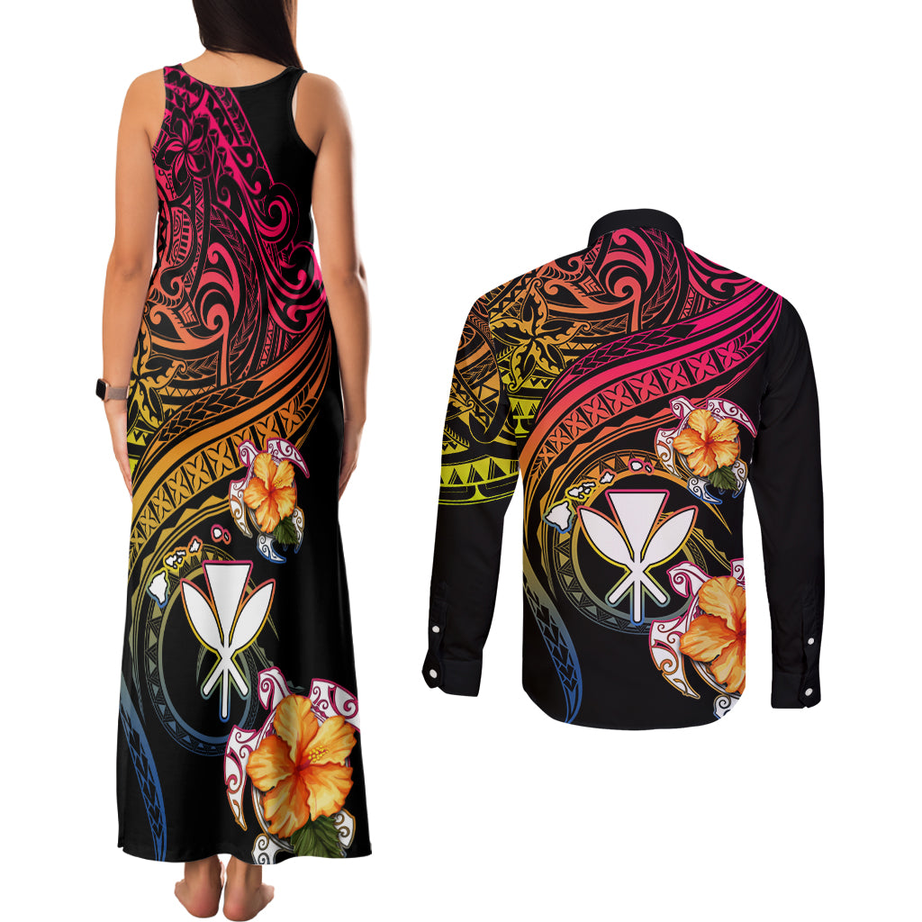 Polynesia Hawaii Turtle Day Couples Matching Tank Maxi Dress and Long Sleeve Button Shirt Hibiscus and Kanaka Maoli