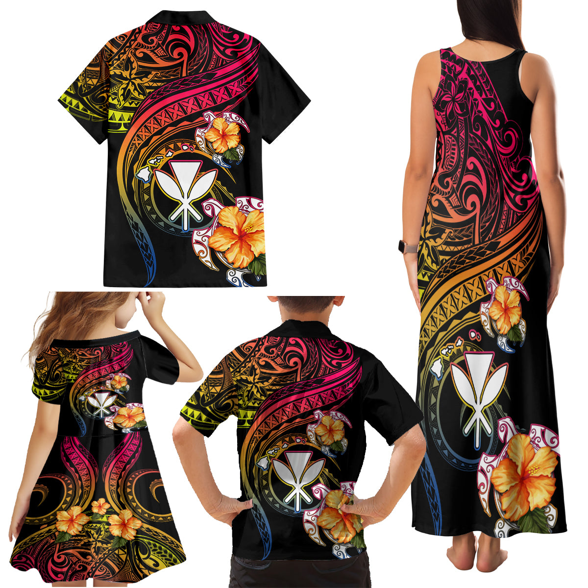 Polynesia Hawaii Turtle Day Family Matching Tank Maxi Dress and Hawaiian Shirt Hibiscus and Kanaka Maoli