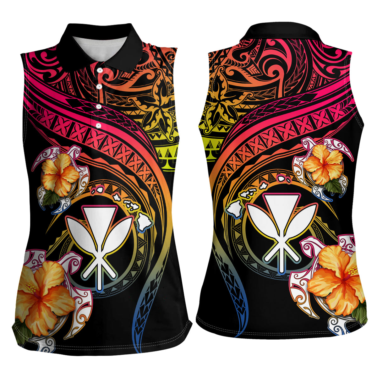 Polynesia Hawaii Turtle Day Women Sleeveless Polo Shirt Hibiscus and Kanaka Maoli