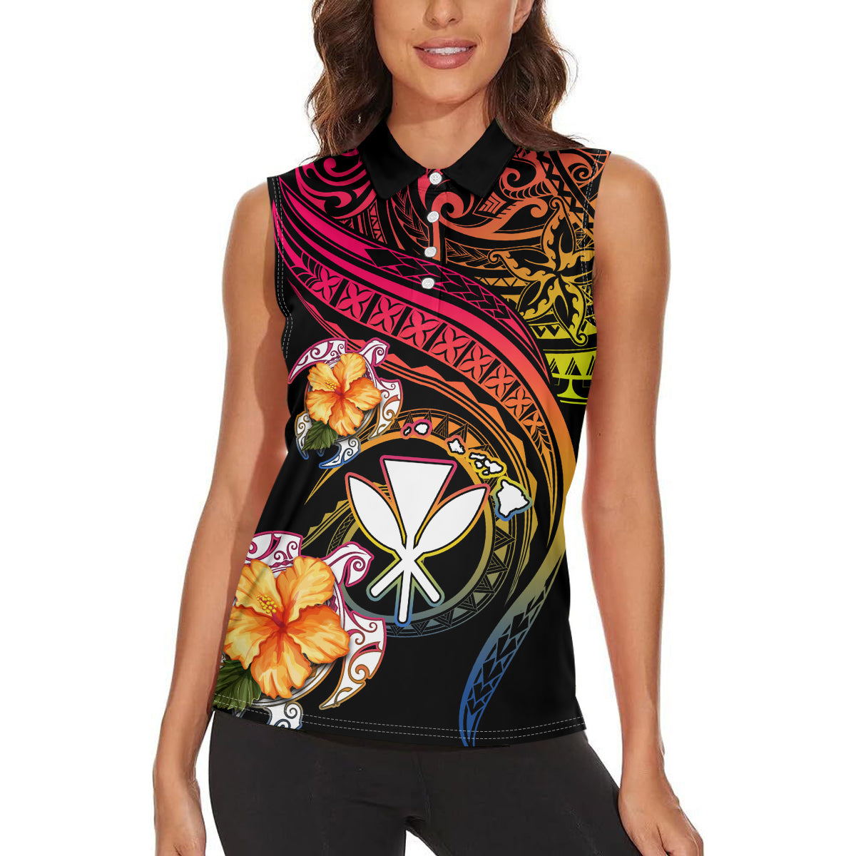 Polynesia Hawaii Turtle Day Women Sleeveless Polo Shirt Hibiscus and Kanaka Maoli