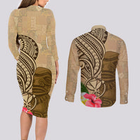 Hawaii Kanaloa Tiki Couples Matching Long Sleeve Bodycon Dress and Long Sleeve Button Shirt Polynesian Tattoo and Tapa Pattern