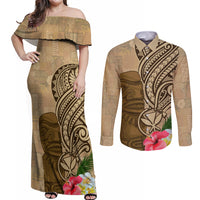 Hawaii Kanaloa Tiki Couples Matching Off Shoulder Maxi Dress and Long Sleeve Button Shirt Polynesian Tattoo and Tapa Pattern
