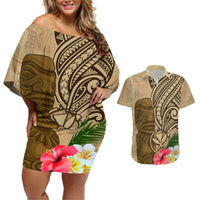 Hawaii Kanaloa Tiki Couples Matching Off Shoulder Short Dress and Hawaiian Shirt Polynesian Tattoo and Tapa Pattern