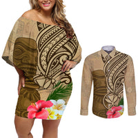 Hawaii Kanaloa Tiki Couples Matching Off Shoulder Short Dress and Long Sleeve Button Shirt Polynesian Tattoo and Tapa Pattern