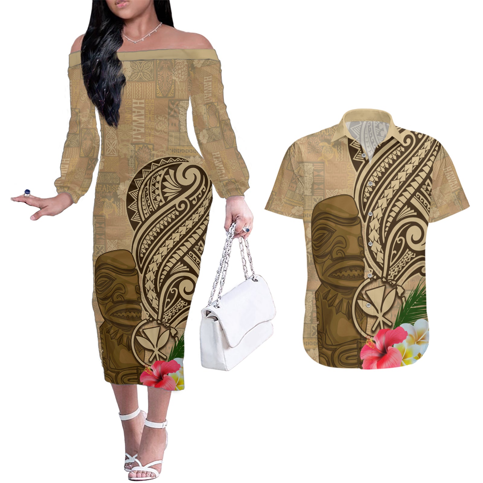 Hawaii Kanaloa Tiki Couples Matching Off The Shoulder Long Sleeve Dress and Hawaiian Shirt Polynesian Tattoo and Tapa Pattern