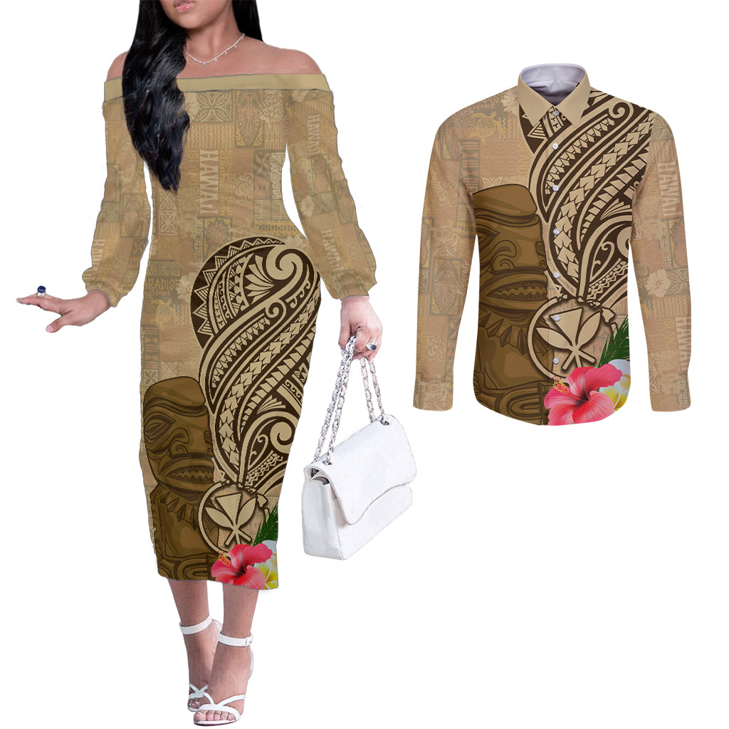 Hawaii Kanaloa Tiki Couples Matching Off The Shoulder Long Sleeve Dress and Long Sleeve Button Shirt Polynesian Tattoo and Tapa Pattern