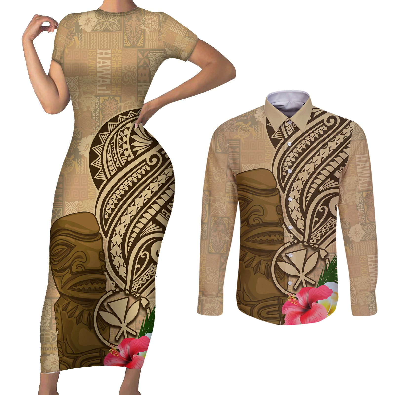 Hawaii Kanaloa Tiki Couples Matching Short Sleeve Bodycon Dress and Long Sleeve Button Shirt Polynesian Tattoo and Tapa Pattern