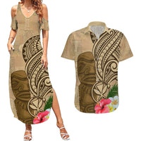 Hawaii Kanaloa Tiki Couples Matching Summer Maxi Dress and Hawaiian Shirt Polynesian Tattoo and Tapa Pattern