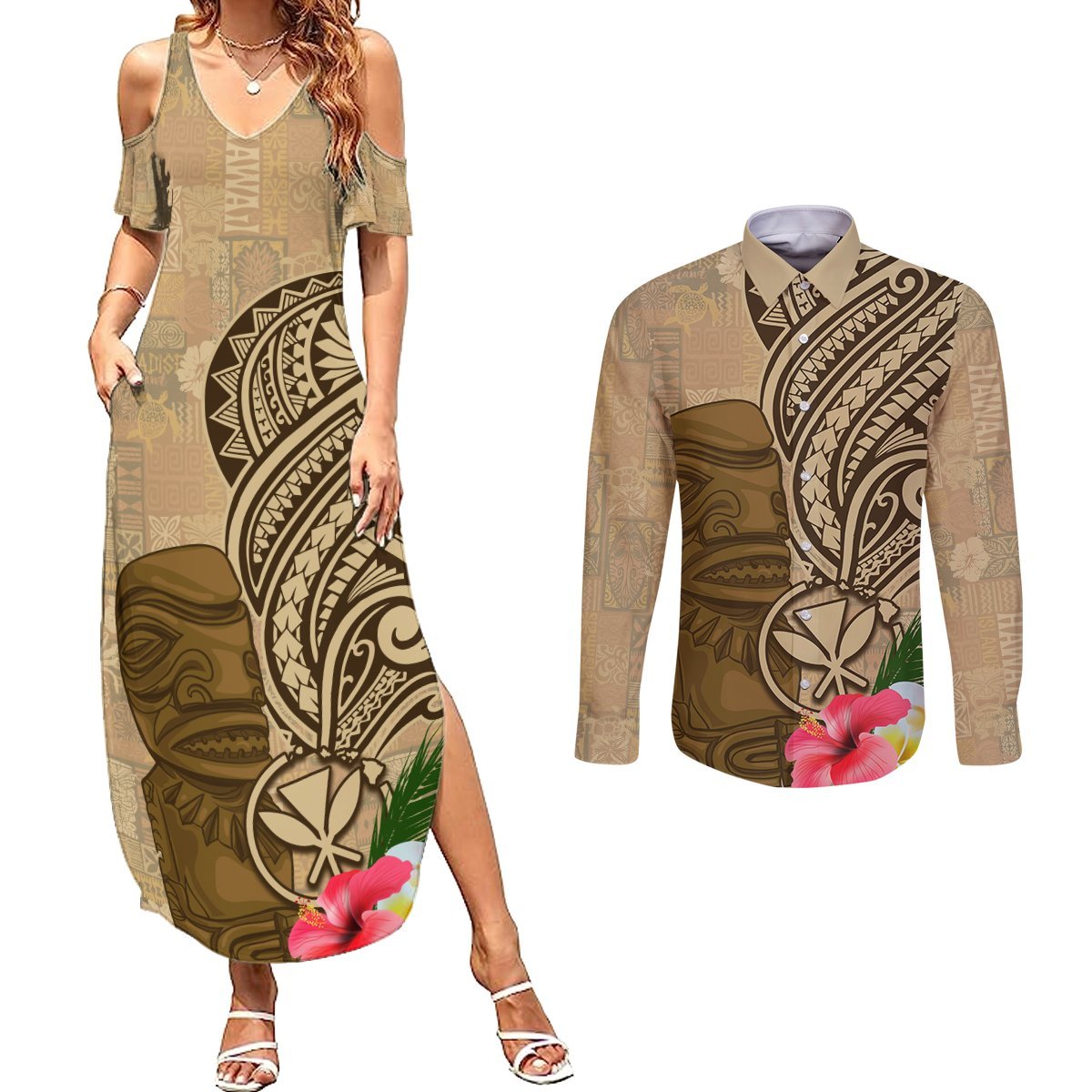 Hawaii Kanaloa Tiki Couples Matching Summer Maxi Dress and Long Sleeve Button Shirt Polynesian Tattoo and Tapa Pattern LT03 Beige - Polynesian Pride