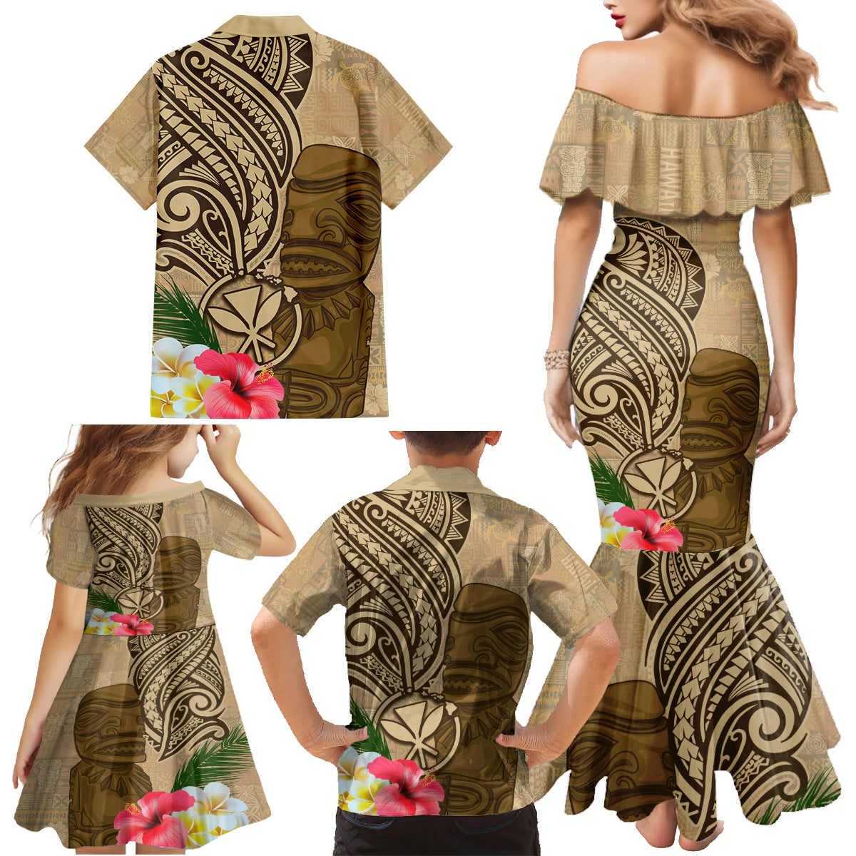 Hawaii Kanaloa Tiki Family Matching Mermaid Dress and Hawaiian Shirt Polynesian Tattoo and Tapa Pattern