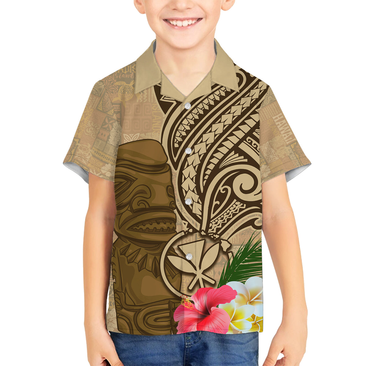 Hawaii Kanaloa Tiki Family Matching Off The Shoulder Long Sleeve Dress and Hawaiian Shirt Polynesian Tattoo and Tapa Pattern
