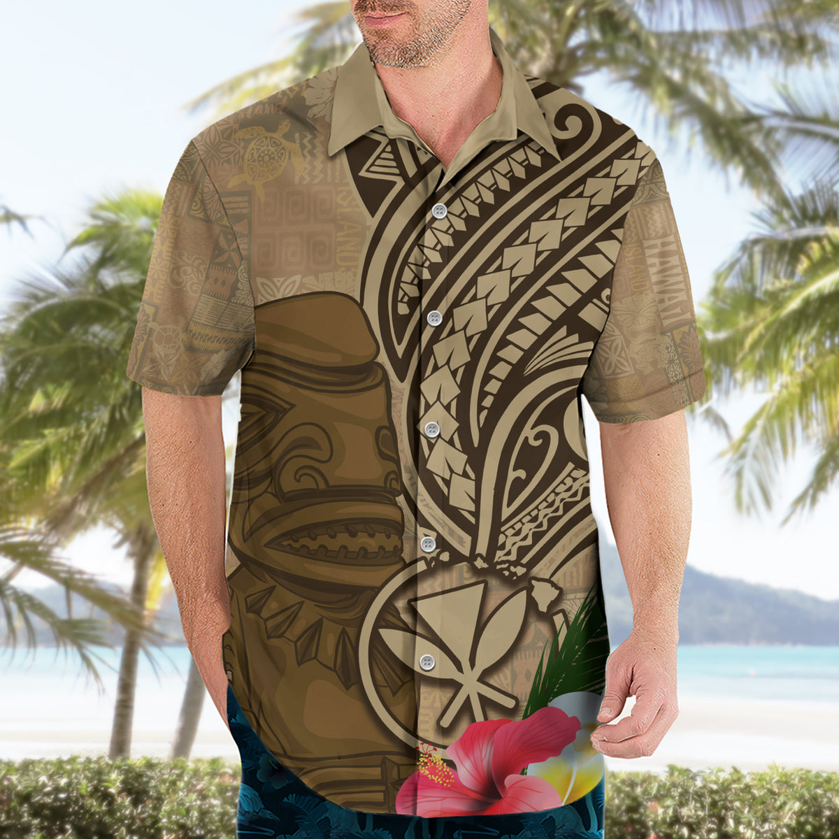 Hawaii Kanaloa Tiki Hawaiian Shirt Polynesian Tattoo and Tapa Pattern