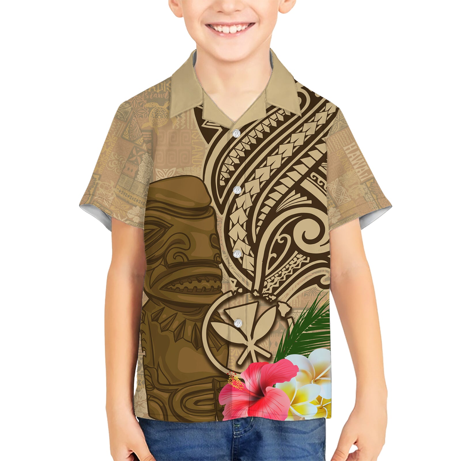 Hawaii Kanaloa Tiki Kid Hawaiian Shirt Polynesian Tattoo and Tapa Pattern