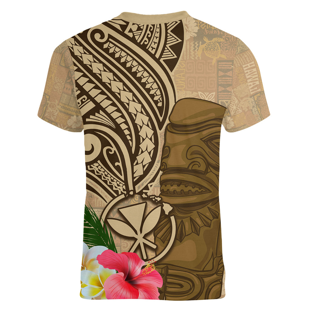 Hawaii Kanaloa Tiki Women V-Neck T-Shirt Polynesian Tattoo and Tapa Pattern