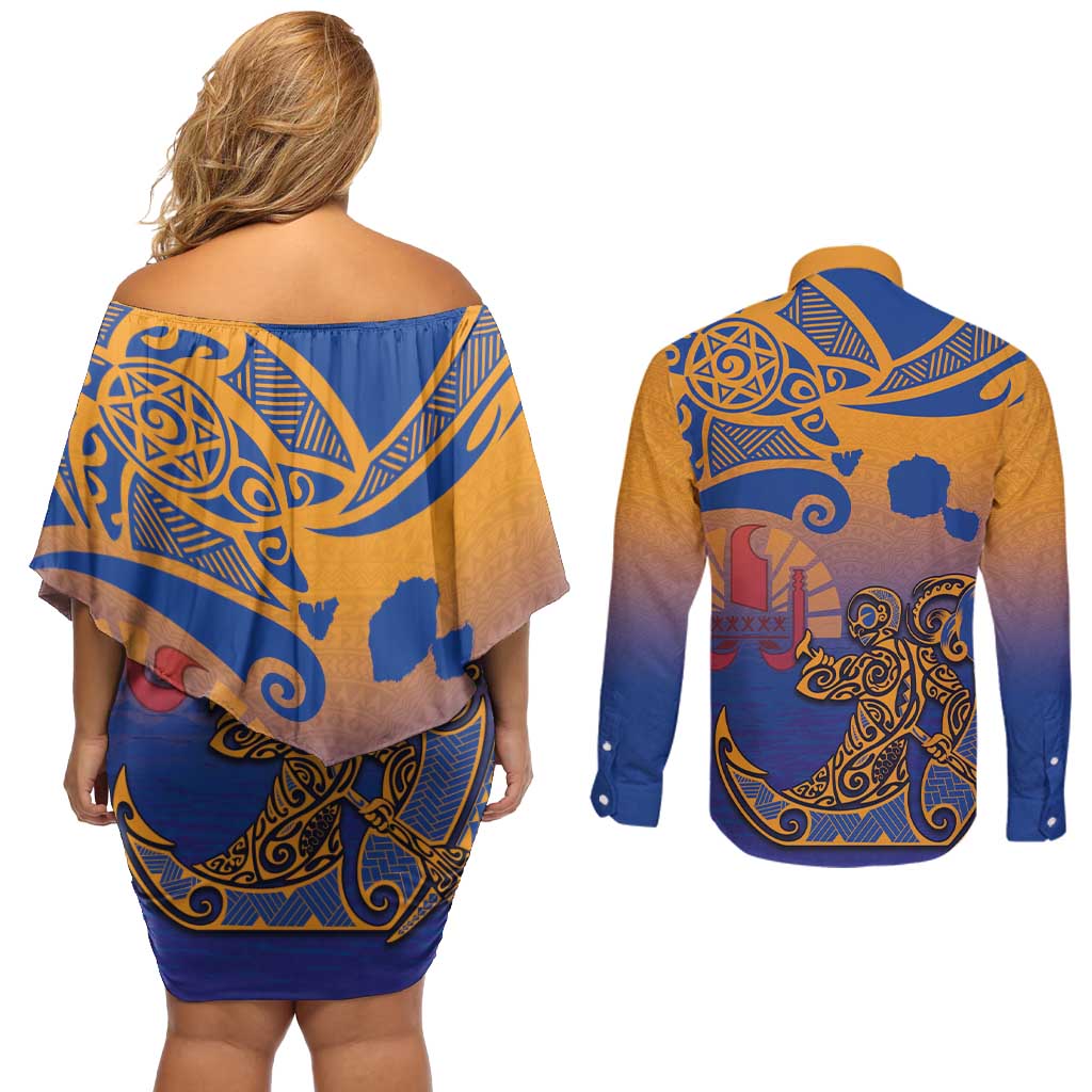 Hawaiki Nui Va'a Solo French Polynesia Couples Matching Off Shoulder Short Dress and Long Sleeve Button Shirt Sunset Color