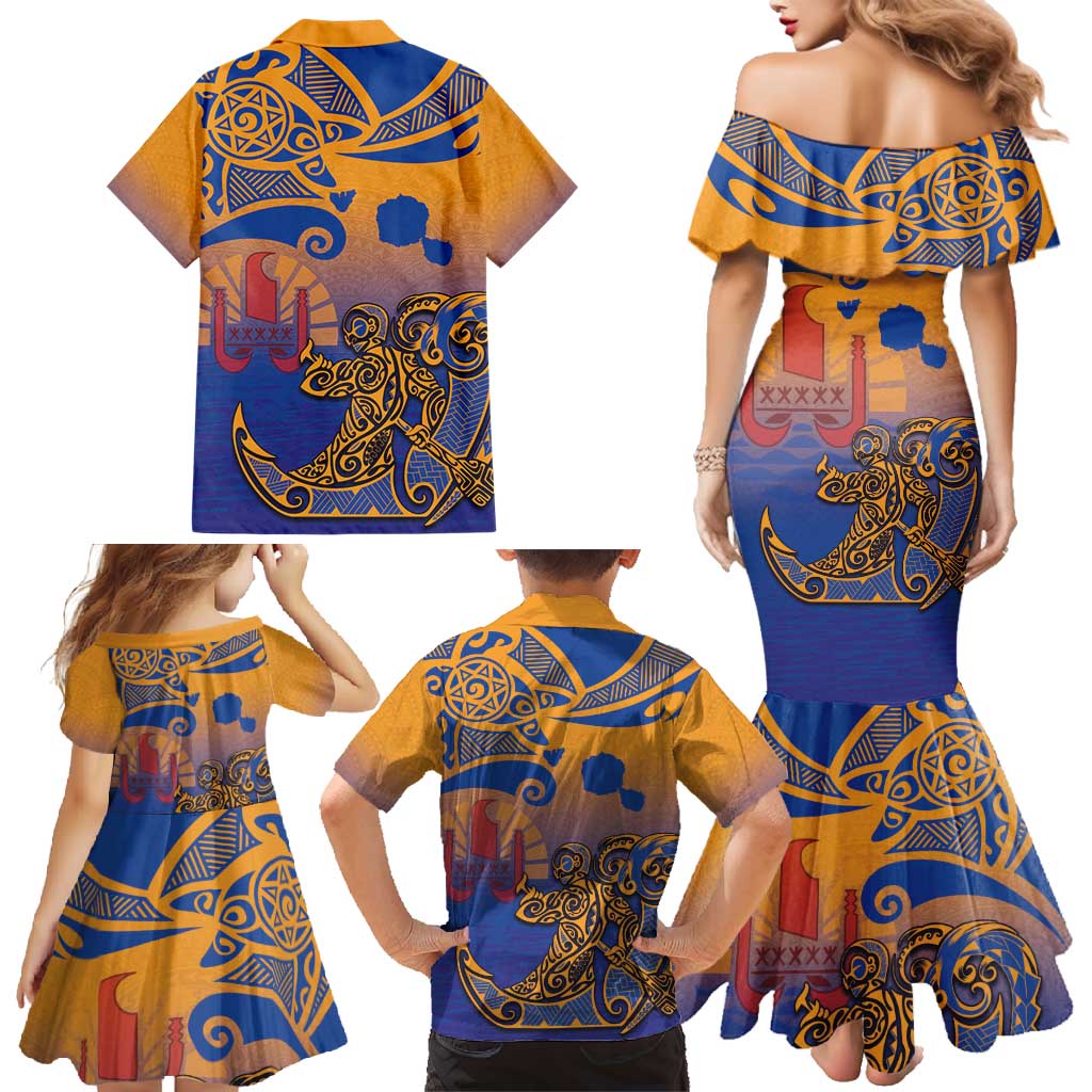 Hawaiki Nui Va'a Solo French Polynesia Family Matching Mermaid Dress and Hawaiian Shirt Sunset Color