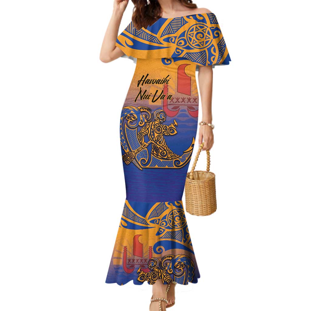Hawaiki Nui Va'a Solo French Polynesia Family Matching Mermaid Dress and Hawaiian Shirt Sunset Color