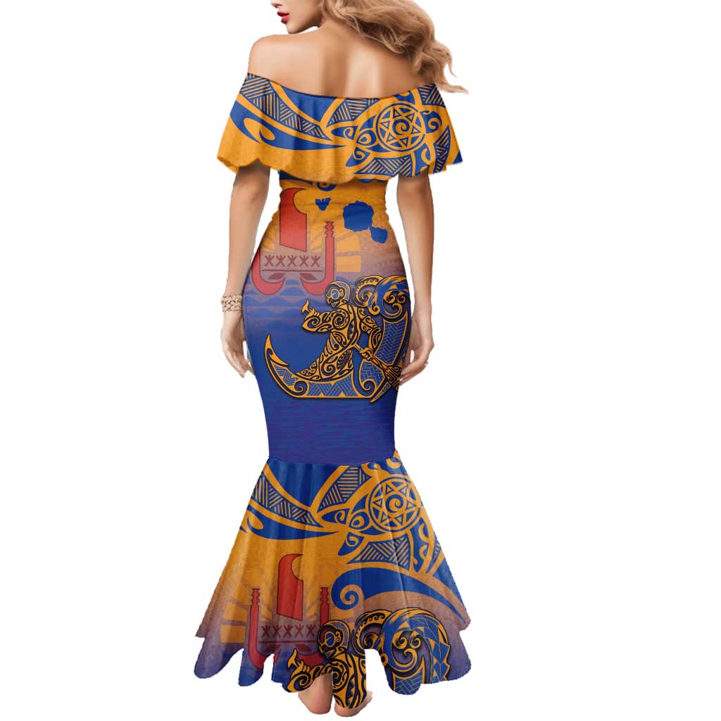 Hawaiki Nui Va'a Solo French Polynesia Family Matching Mermaid Dress and Hawaiian Shirt Sunset Color