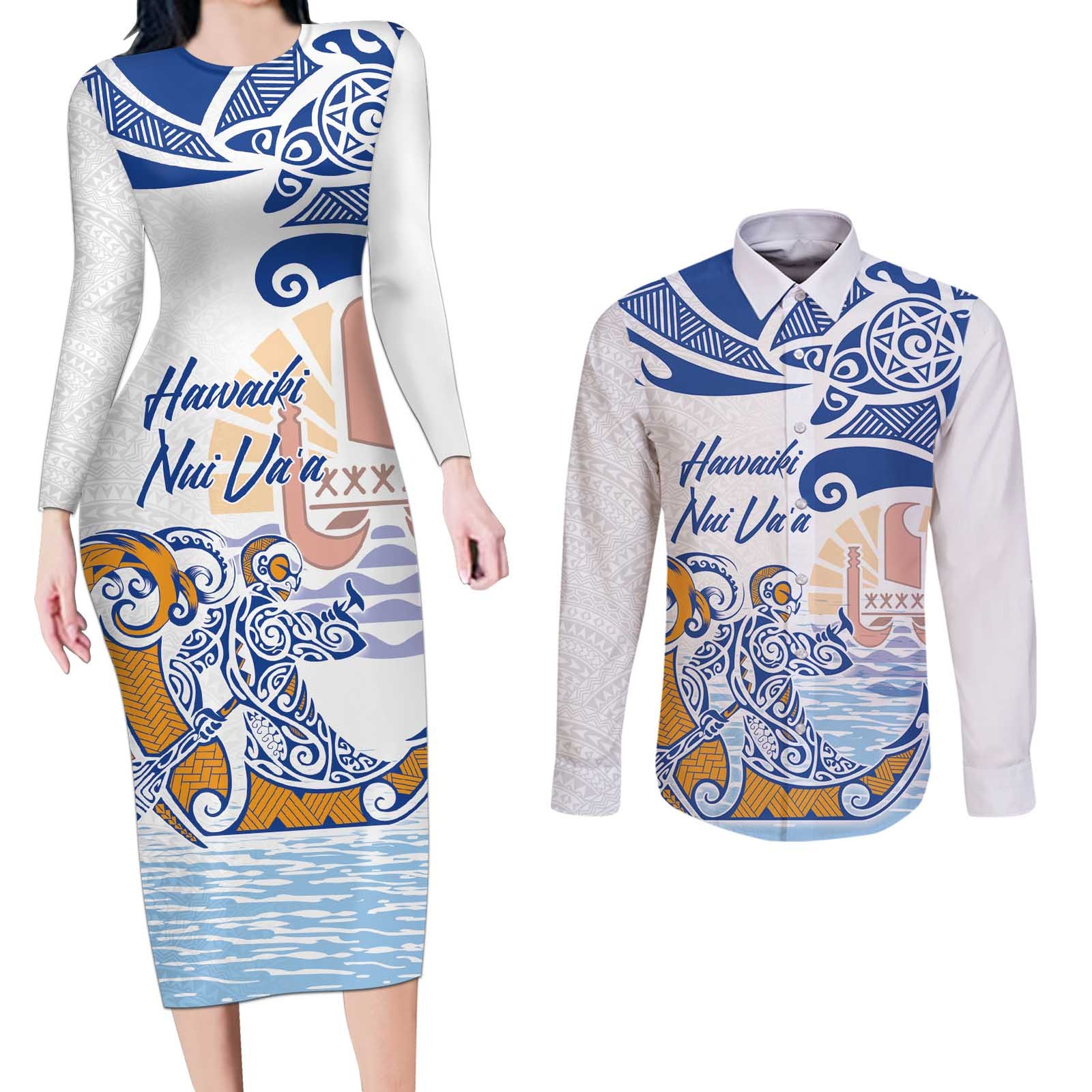 Hawaiki Nui Va'a Solo French Polynesia Couples Matching Long Sleeve Bodycon Dress and Long Sleeve Button Shirt Blue Color