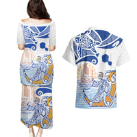 Hawaiki Nui Va'a Solo French Polynesia Couples Matching Puletasi and Hawaiian Shirt Blue Color