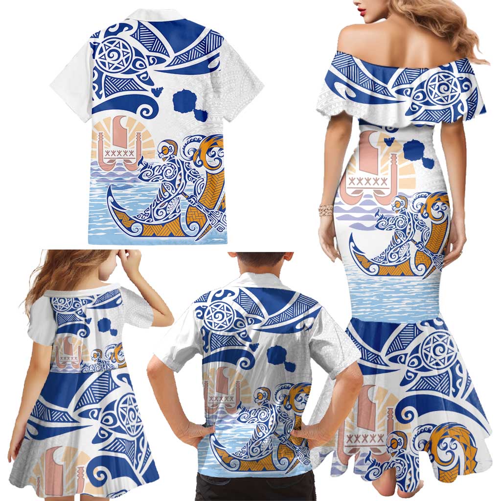 Hawaiki Nui Va'a Solo French Polynesia Family Matching Mermaid Dress and Hawaiian Shirt Blue Color