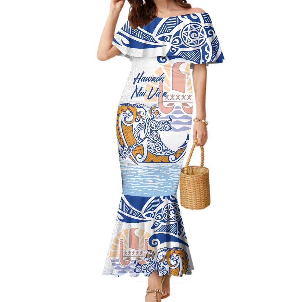 Hawaiki Nui Va'a Solo French Polynesia Family Matching Mermaid Dress and Hawaiian Shirt Blue Color