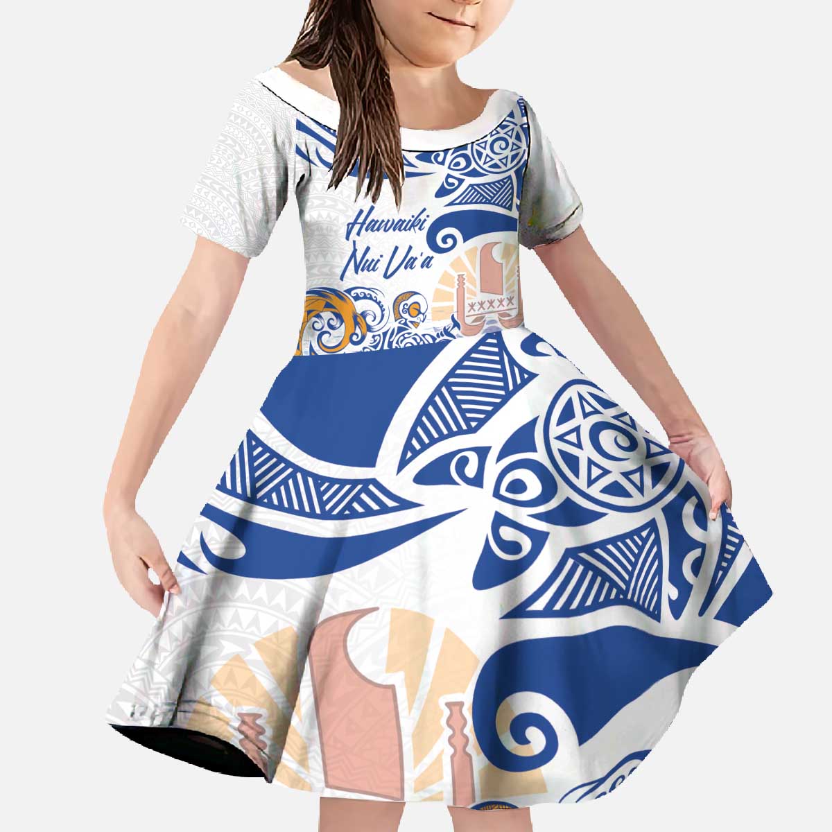 Hawaiki Nui Va'a Solo French Polynesia Family Matching Off The Shoulder Long Sleeve Dress and Hawaiian Shirt Blue Color