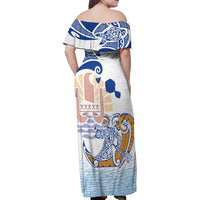 Hawaiki Nui Va'a Solo French Polynesia Family Matching Off Shoulder Maxi Dress and Hawaiian Shirt Blue Color