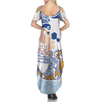 Hawaiki Nui Va'a Solo French Polynesia Family Matching Summer Maxi Dress and Hawaiian Shirt Blue Color
