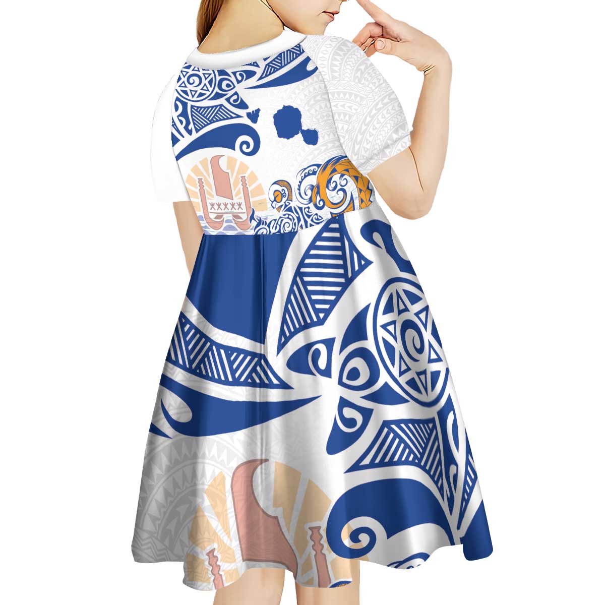 Hawaiki Nui Va'a Solo French Polynesia Kid Short Sleeve Dress Blue Color