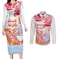 Hawaiki Nui Va'a Solo French Polynesia Couples Matching Long Sleeve Bodycon Dress and Long Sleeve Button Shirt Red Color