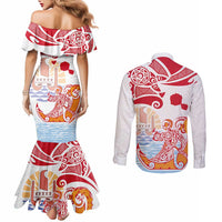 Hawaiki Nui Va'a Solo French Polynesia Couples Matching Mermaid Dress and Long Sleeve Button Shirt Red Color