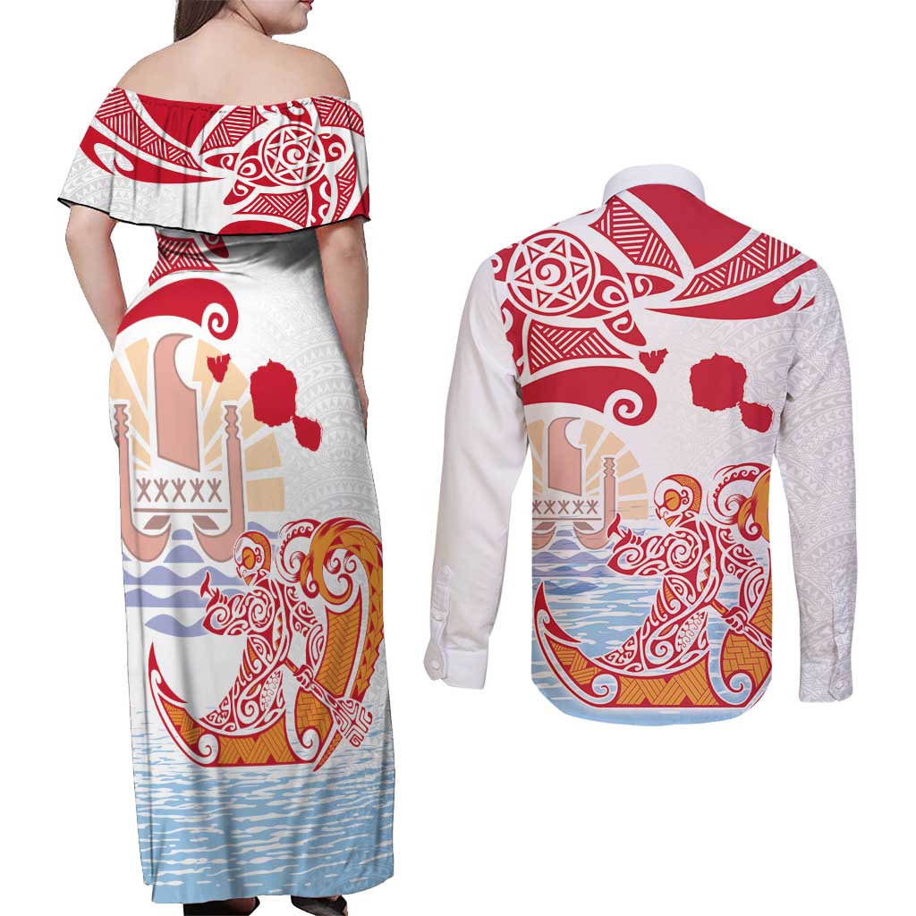 Hawaiki Nui Va'a Solo French Polynesia Couples Matching Off Shoulder Maxi Dress and Long Sleeve Button Shirt Red Color