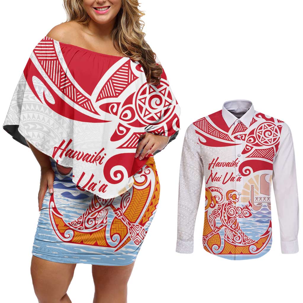Hawaiki Nui Va'a Solo French Polynesia Couples Matching Off Shoulder Short Dress and Long Sleeve Button Shirt Red Color
