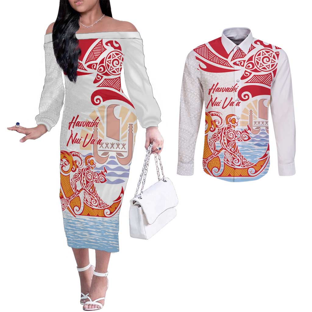 Hawaiki Nui Va'a Solo French Polynesia Couples Matching Off The Shoulder Long Sleeve Dress and Long Sleeve Button Shirt Red Color