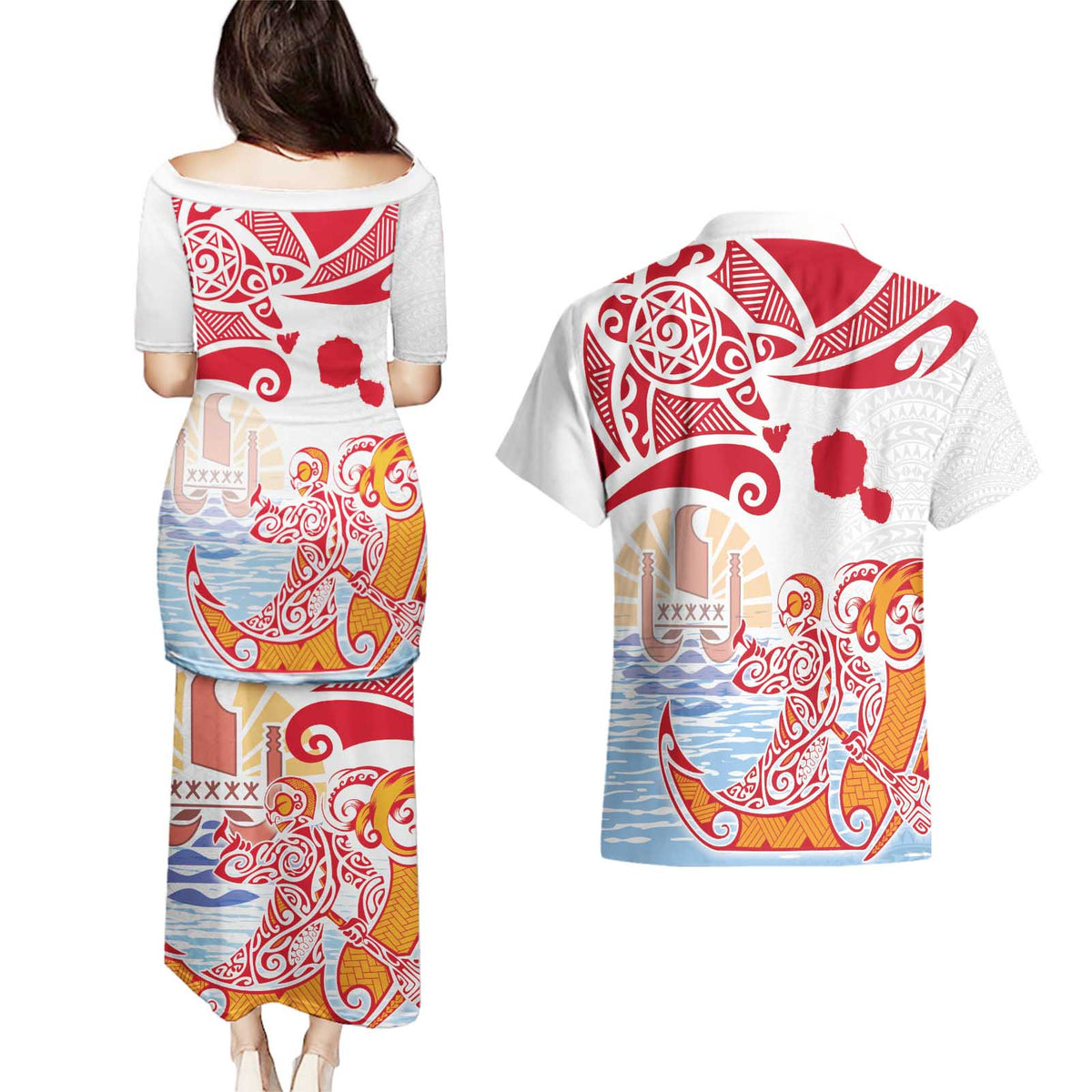Hawaiki Nui Va'a Solo French Polynesia Couples Matching Puletasi and Hawaiian Shirt Red Color